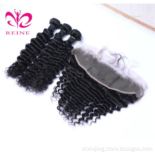 REINE  wholesale 10a grade peruvian / Cambodian virgin deep wave with frontal ,  human hair bundles vendors with lace closure